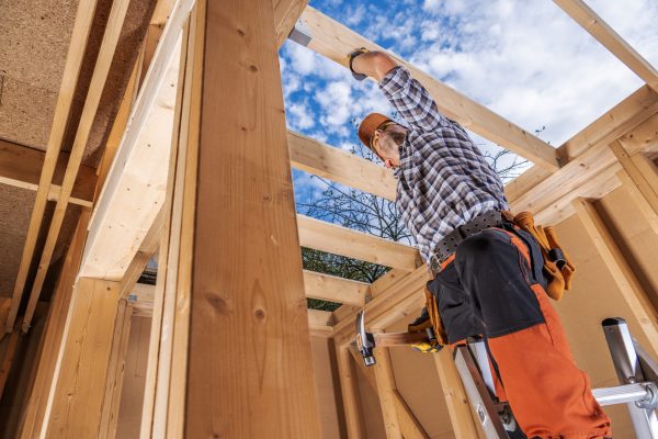 Professional Caucasian Woodwork Industry Worker in His 40s Inside Newly Built Wooden Skeleton Frame